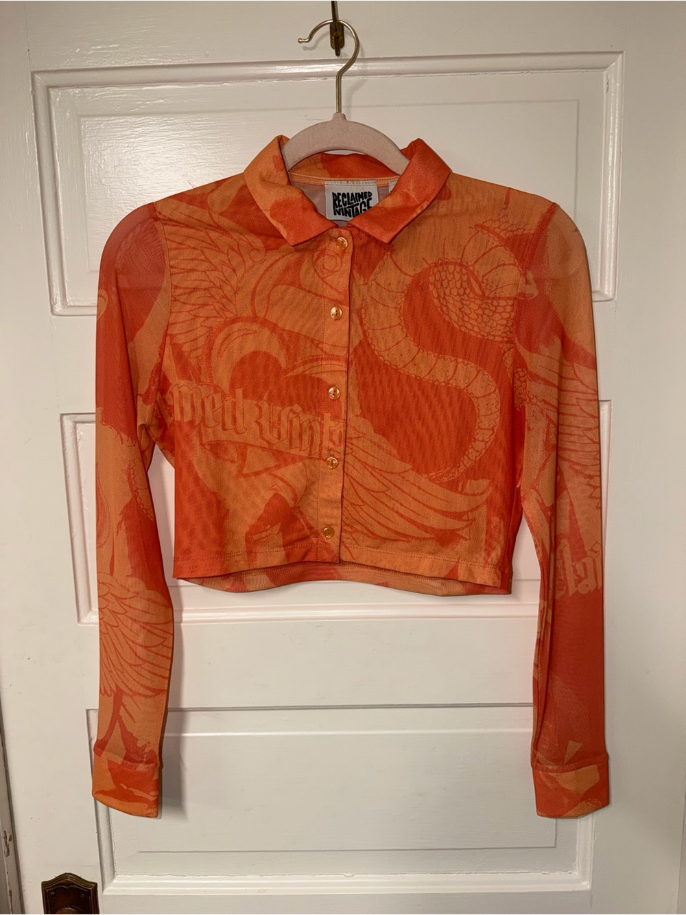 Reclaimed Vintage Orange Printed Mesh Crop Button-Down - Size 2